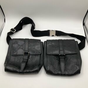 Gucci Embossed GG Logo Black Leather Double Belt Bag Fanny Pack